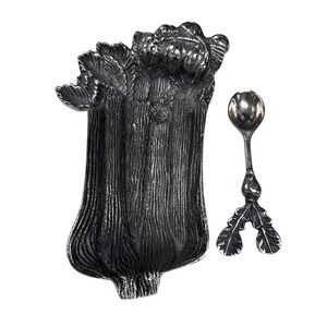 Mud Pie Silver Celery Dish  Leaf Spoon Set Textured Serving Tray 2 Piece, 1950s